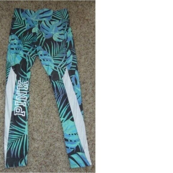 Womens Victorias Secret PINK Yoga Crop Pants Medium Blue Floral Elastic Waist - Picture 5 of 5